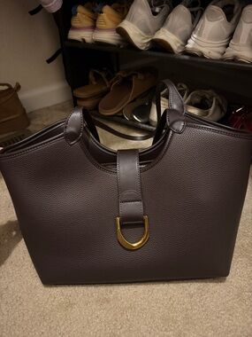 Miztique Chocolate Brown Structured Shoulder Tote with Gold Accent
